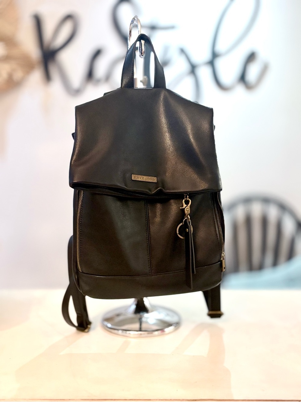 FRYE AND CO. Black Leather Flap Backpack with Front Zippers